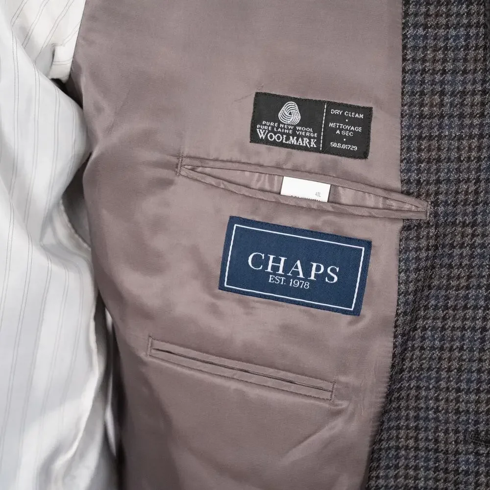 Chaps Classic Men's Wool Blazer Size 48L Charcoal Gray & Blue Houndstooth Check